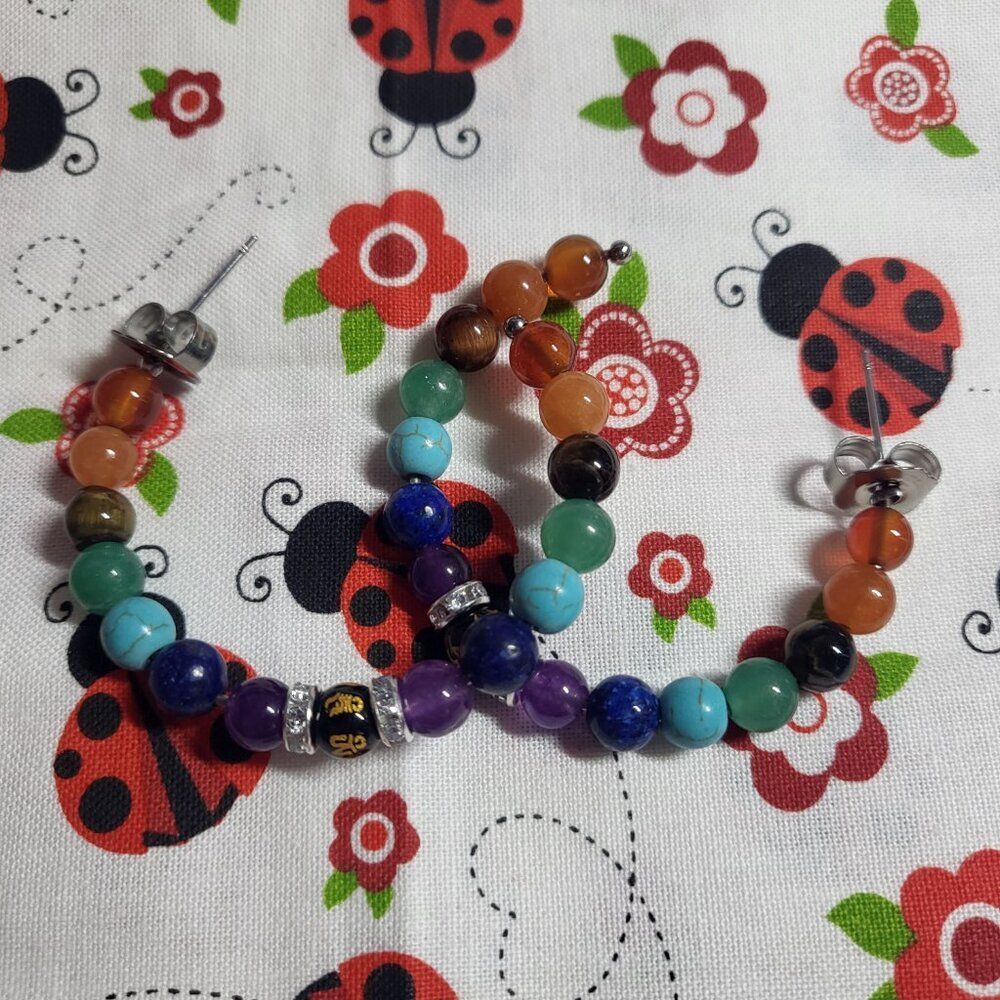 Multi Gemstone Beaded J-Hoop Chakra Stainless Steel Earrings - Picture 2 of 4